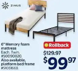 Walmart ZINUS 6" Memory foam mattress offer