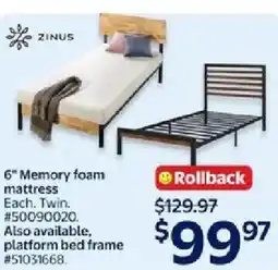 Walmart ZINUS 6" Memory foam mattress offer
