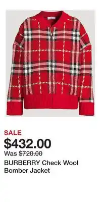 Holt Renfrew BURBERRY Check Wool Bomber Jacket offer