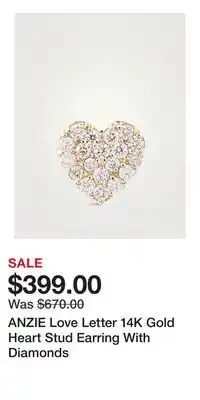 Holt Renfrew ANZIE Love Letter 14K Gold Heart Stud Earring With Diamonds offer
