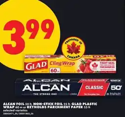 No Frills Alcan foil 50 ft, non-stick foil 25 ft, glad plastic wrap 60 m or reynolds parchment paper 35 ft offer