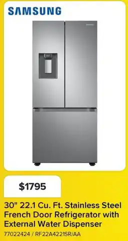 Leon's SAMSUNG 30" 22.1 Cu. Ft. Stainless Steel French Door Refrigerator with External Water Dispenser offer