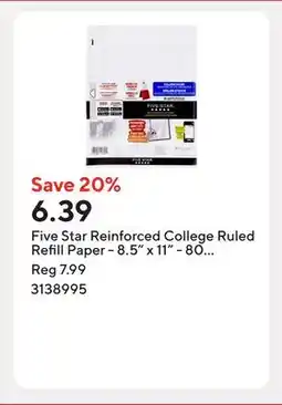 Staples Five Star Reinforced College Ruled Refill Paper - 8.5 x 11 - 80 Sheets offer