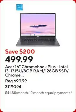 Staples Acer 16 Chromebook Plus - Intel i3-1315U/8GB RAM/128GB SSD/Chrome OS with 1 year of Google AI Pro offer