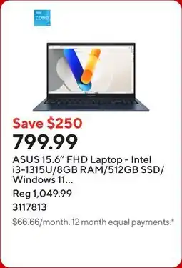 Staples ASUS 15.6 FHD Laptop - Intel i3-1315U/8GB RAM/512GB SSD/Windows 11 Home offer