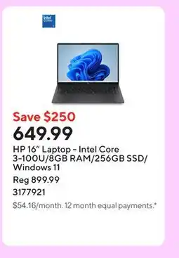 Staples HP 16 Laptop - Intel Core 3-100U/8GB RAM/256GB SSD/Windows 11 offer