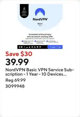 Staples NordVPN Basic VPN Service Subscription - 1 Year - 10 Devices [Digital Download] offer
