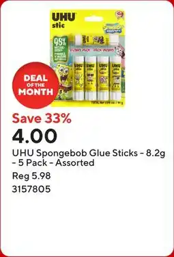 Staples UHU Spongebob Glue Sticks - 8.2g - 5 Pack - Assorted offer