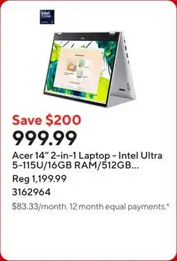 Staples Acer 14 2-in-1 Laptop - Intel Ultra 5-115U/16GB RAM/512GB SSD/Touchscreen/Windows 11 offer