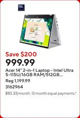 Staples Acer 14 2-in-1 Laptop - Intel Ultra 5-115U/16GB RAM/512GB SSD/Touchscreen/Windows 11 offer