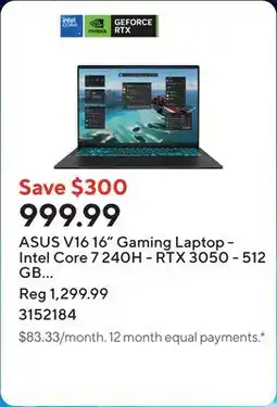 Staples ASUS V16 16 Gaming Laptop - Intel Core 7 240H - RTX 3050 - 512 GB SSD - 16 GB RAM - Windows 11 Home offer