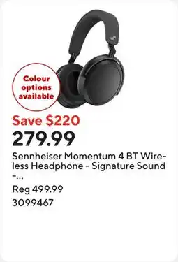 Staples Sennheiser Momentum 4 BT Wireless Headphone - Signature Sound - Adaptive Hybrid ANC - Black offer