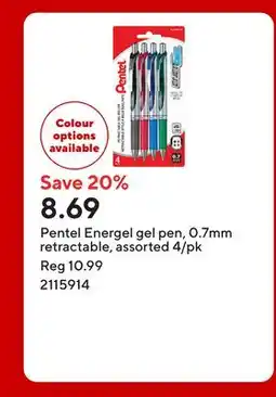 Staples Pentel Energel gel pen, 0.7mm retractable, assorted 4/pk offer
