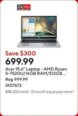 Staples Acer 15.6 Laptop - AMD Ryzen 5-7520U/16GB RAM/512GB SSD/Touchscreen/Windows 11 Home offer