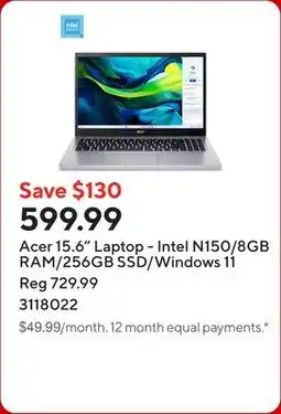 Staples Acer 15.6 Laptop - Intel N150/8GB RAM/256GB SSD/Windows 11 offer