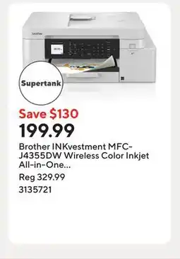Staples Brother INKvestment MFC-J4355DW Wireless Color Inkjet All-in-One Printer offer