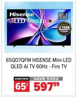 2001 Audio Video 65QD7QFM 65 HISENSE Mini-LED QLED AI TV 60Hz - Fire TV offer