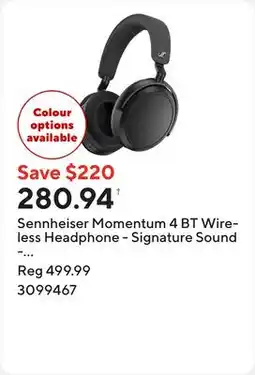 Staples Sennheiser Momentum 4 BT Wireless Headphone - Signature Sound - Adaptive Hybrid ANC - Black offer