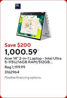 Staples Acer 14 2-in-1 Laptop - Intel Ultra 5-115U/16GB RAM/512GB SSD/Touchscreen/Windows 11 offer