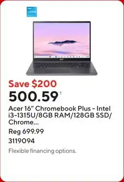 Staples Acer 16 Chromebook Plus - Intel i3-1315U/8GB RAM/128GB SSD/Chrome OS with 1 year of Google AI Pro offer