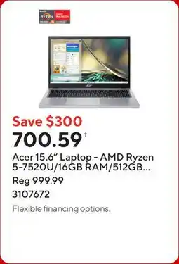 Staples Acer 15.6 Laptop - AMD Ryzen 5-7520U/16GB RAM/512GB SSD/Touchscreen/Windows 11 Home offer