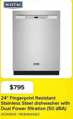 Leon's MAYTAG 24" Fingerprint Resistant Stainless Steel dishwasher with Dual Power filtration (50 dBA) offer