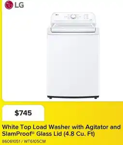 Leon's LG White Top Load Washer with Agitator and SlamProof Glass Lid (4.8 Cu. Ft) offer