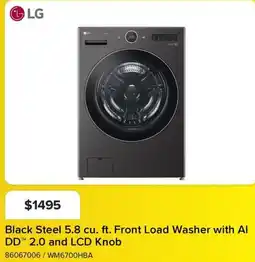 Leon's LG Black Steel 5.8 cu. ft. Front Load Washer with Al DDT 2.0 and LCD Knob offer