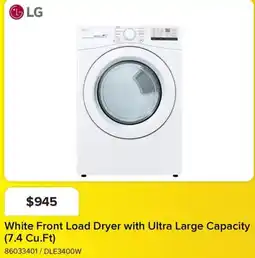 Leon's LG White Front Load Dryer with Ultra Large Capacity (7.4 Cu.Ft) offer