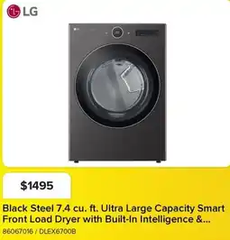 Leon's LG Black Steel 7.4 cu. ft. Ultra Large Capacity Smart Front Load Dryer with Built-In Intelligence &... offer