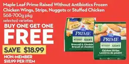Longo's Maple Leaf Prime Raised Without Antibiotics Frozen Chicken Wings, Strips, Nuggets or Stuffed Chicken offer