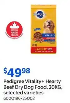Walmart Pedigree vitality+ hearty beef dry dog food, offer