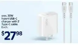 Walmart onn. 30W 1-port USB-C charger with 3' Type-C cable offer