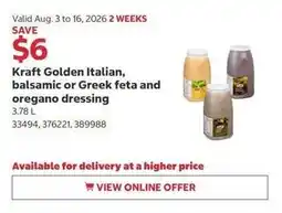 Costco Kraft Golden Italian, balsamic or Greek feta and oregano dressing offer
