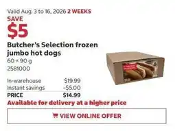 Costco Butcher's Selection frozen jumbo hot dogs offer