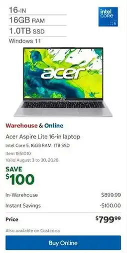 Costco Acer Aspire Lite 16-in laptop Intel Core 5, 16GB RAM, 1TB SSD Item 1851010 offer