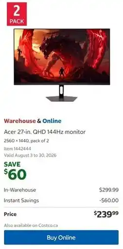 Costco Acer 27-in. QHD 144Hz monitor offer