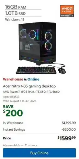 Costco Acer Nitro N85 gaming desktop offer