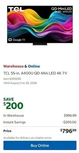 Costco TCL 55-in. A400U QD-Mini LED 4K TV offer
