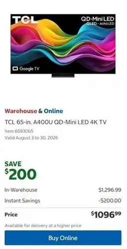 Costco TCL 65-in. A400U QD-Mini LED 4K TV offer