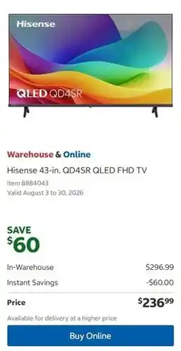 Costco Hisense 43-in. QD4SR QLED FHD TV Item 8884043 offer