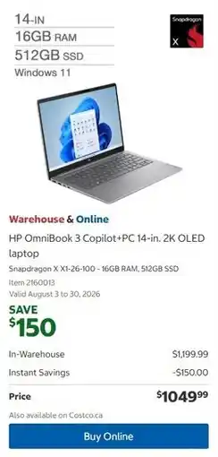 Costco HP OmniBook 3 Copilot+PC 14-in. 2K OLED laptop offer