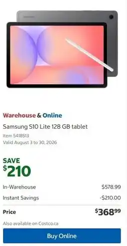 Costco Samsung S10 Lite 128 GB tablet offer