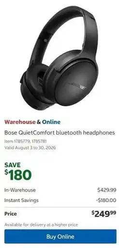 Costco Bose QuietComfort bluetooth headphones offer