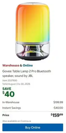 Costco Govee Table Lamp 2 Pro Bluetooth speaker, sound by JBL offer