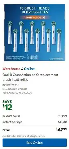 Costco Oral-B CrossAction or iO replacement brush head refills offer
