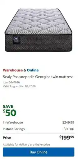 Costco Sealy Posturepedic Georgina twin mattress offer