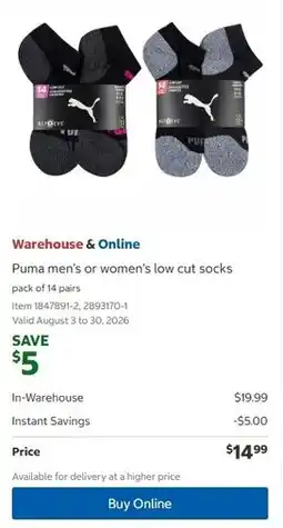 Costco Puma men's or women's low cut socks offer