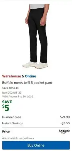 Costco Buffalo men's twill 5 pocket pant offer