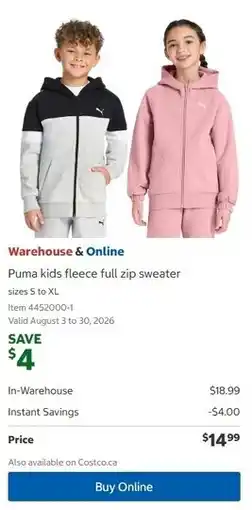 Costco Puma kids fleece full zip sweater offer